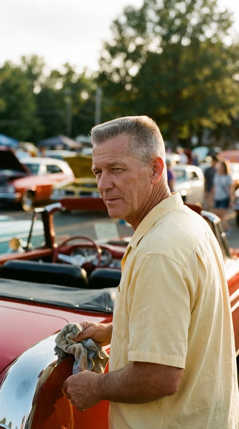 Over the shoulder view of a low grey flat top at a car show