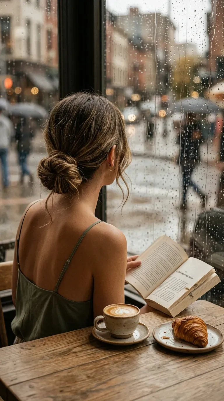Woman from behind with a loose low knot bun sitting by a rainy cafe window