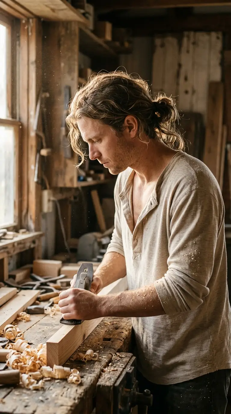 Side profile of a low knot with loose front pieces in a woodworking shop