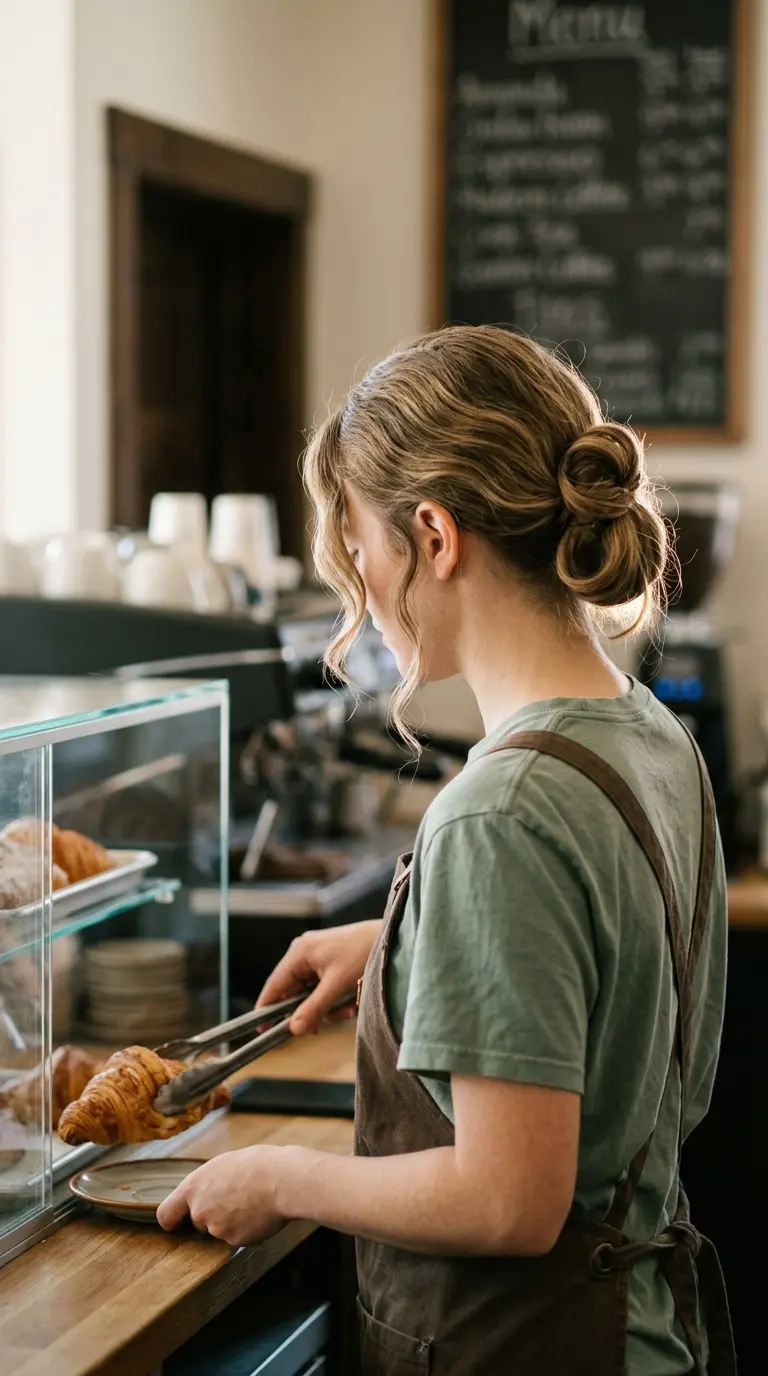 Three quarter back view of a café worker with a low ponytail folded into a flat loop