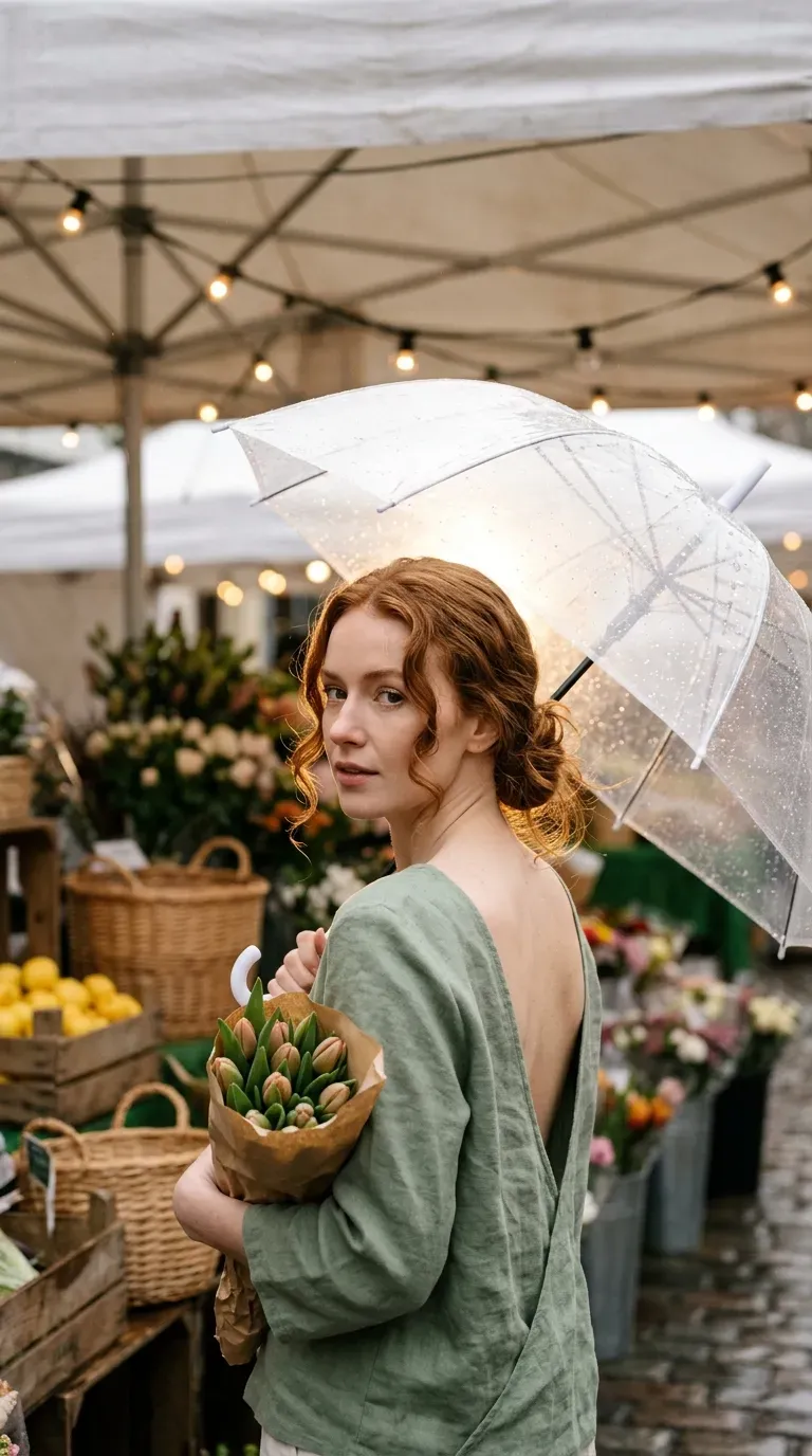 Over the shoulder view of a low messy bun with curled tendrils at a market