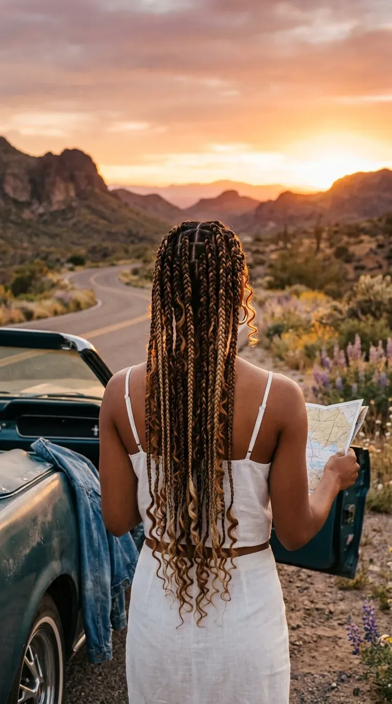Low messy bun of curly braids with loose strands in a warm home kitchen