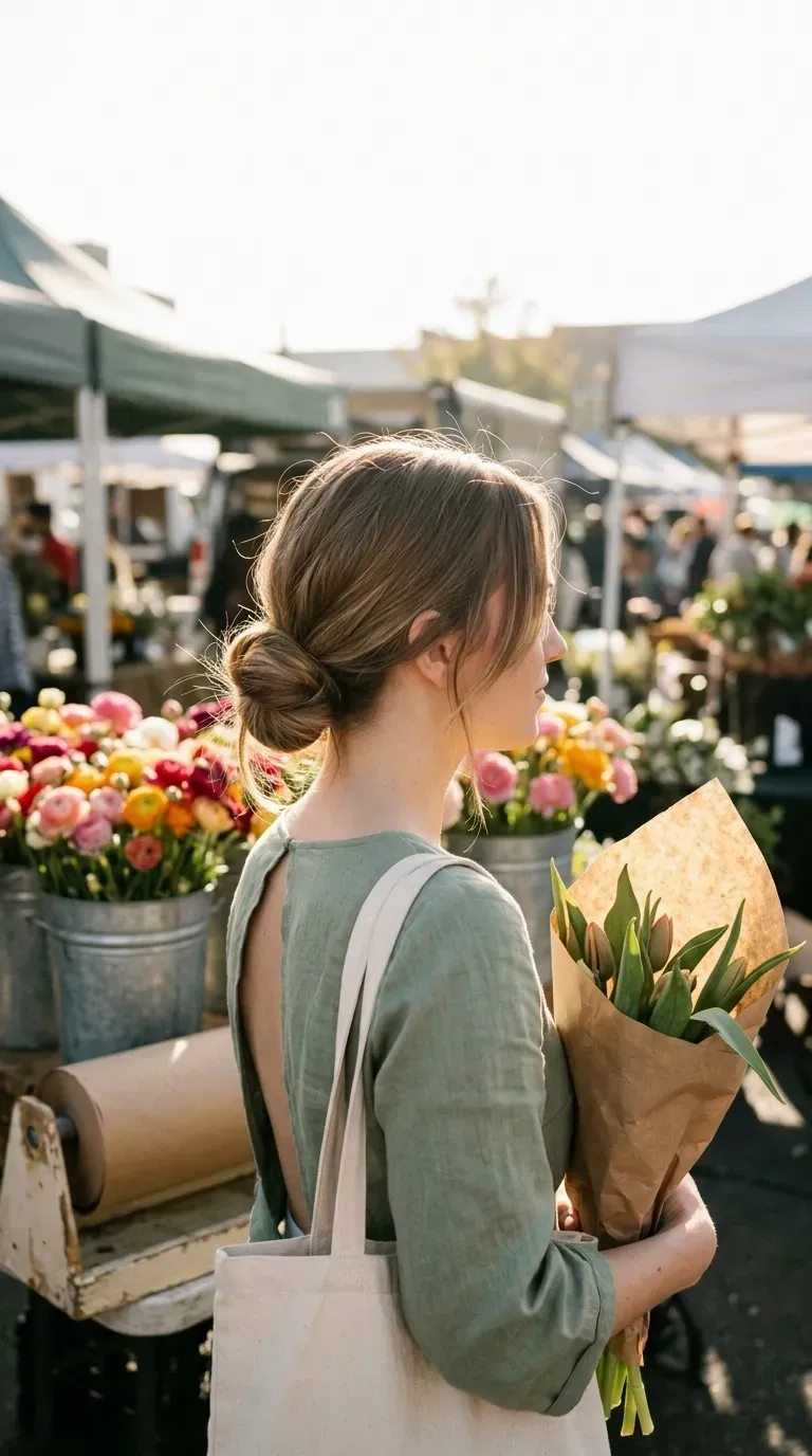 Side profile of a low messy bun with loose face framing strands