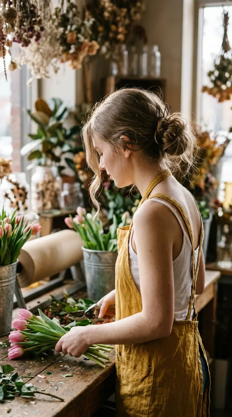 Three quarter back view of an ash brown low messy bun in a flower shop