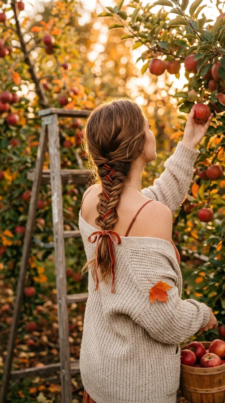Low messy fishtail braid woven with a rust velvet ribbon tied in a bow