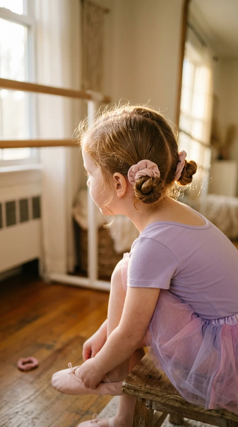 Three quarter back view of a little girl with two low twisted pigtail buns at the nape