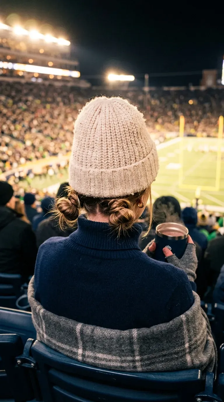 Two low buns behind the ears under a knit beanie at night
