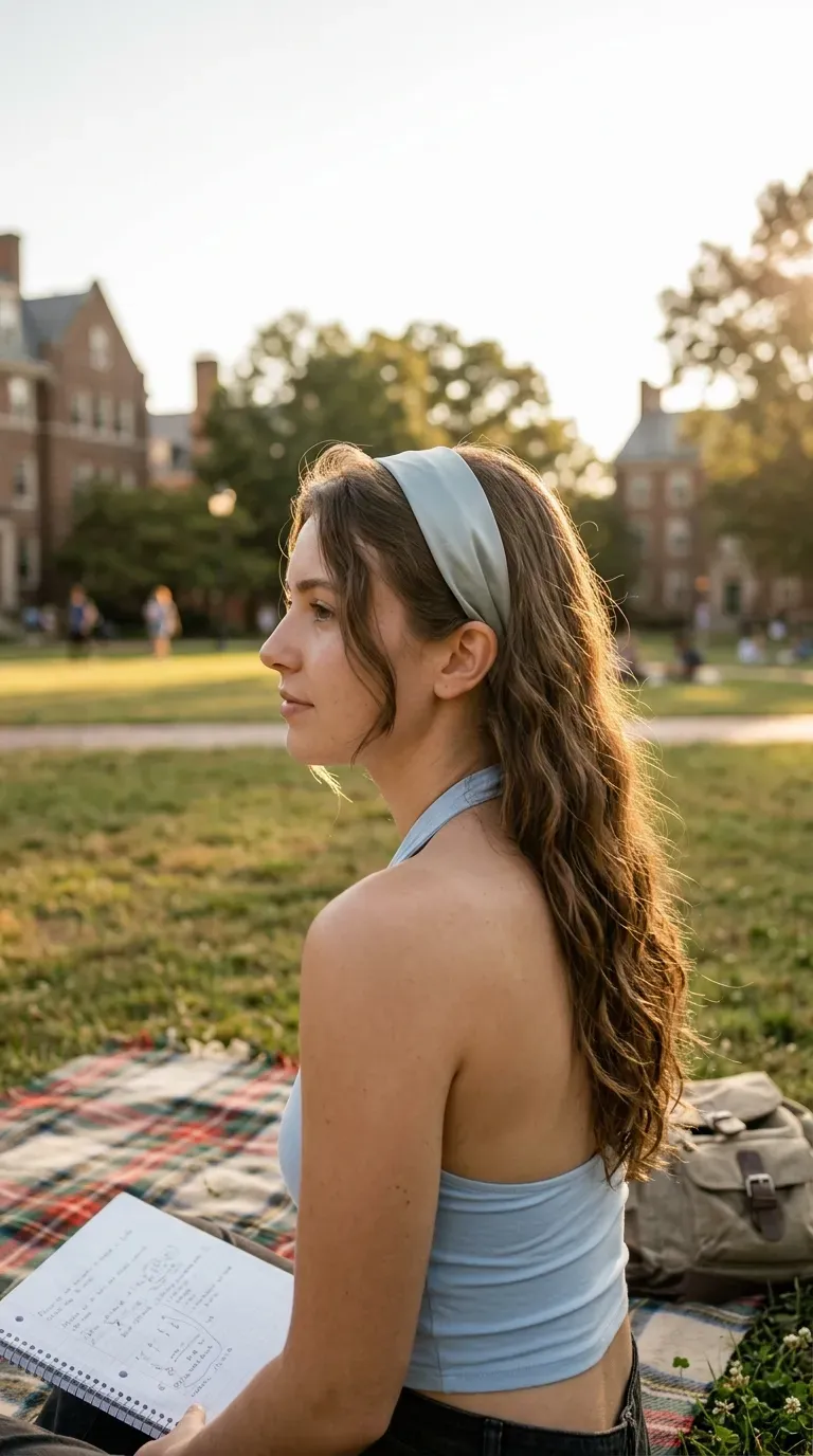 Over the shoulder view of low pigtails tied with satin ribbons in a bakery