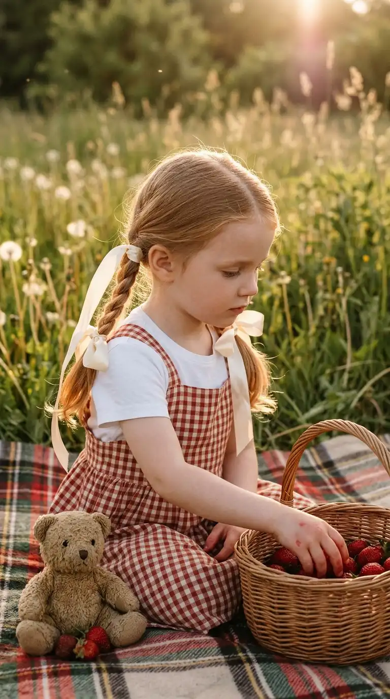 Three quarter side view of low pigtails tied with satin ribbons at a picnic