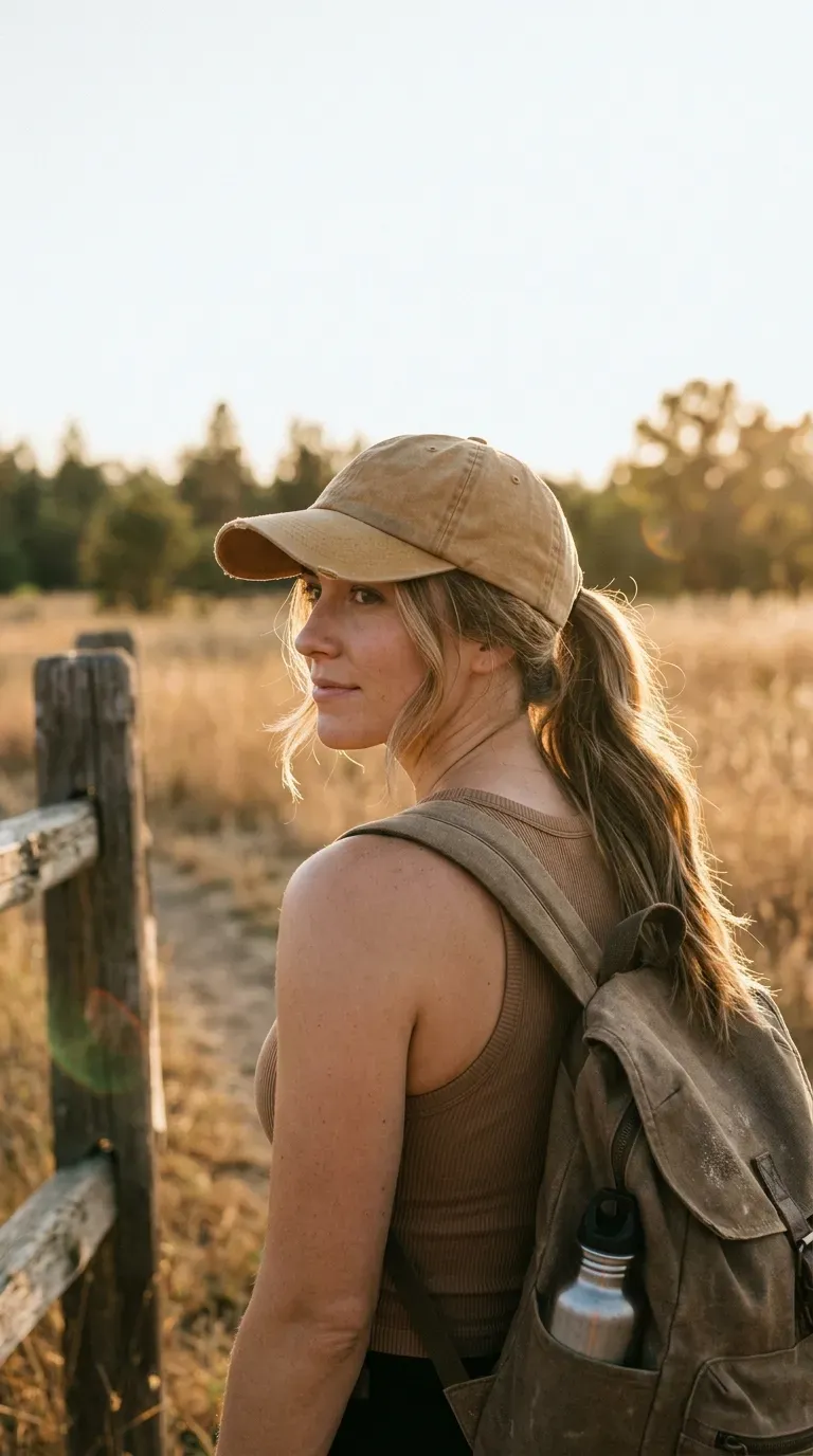 Over the shoulder view of a low ponytail pulled through the back of a cap