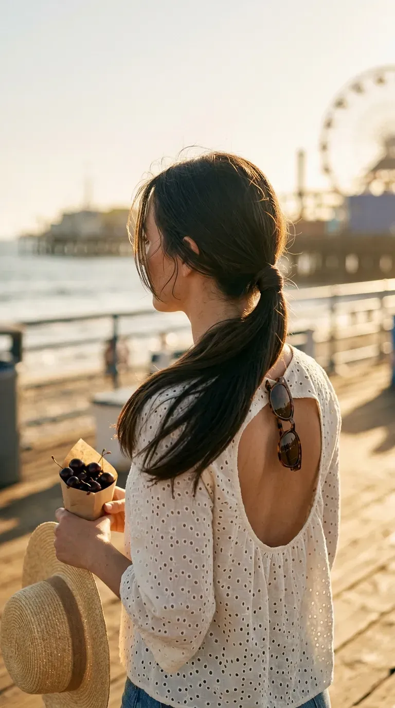 Three quarter back view of a low ponytail with a hair wrap on a boardwalk