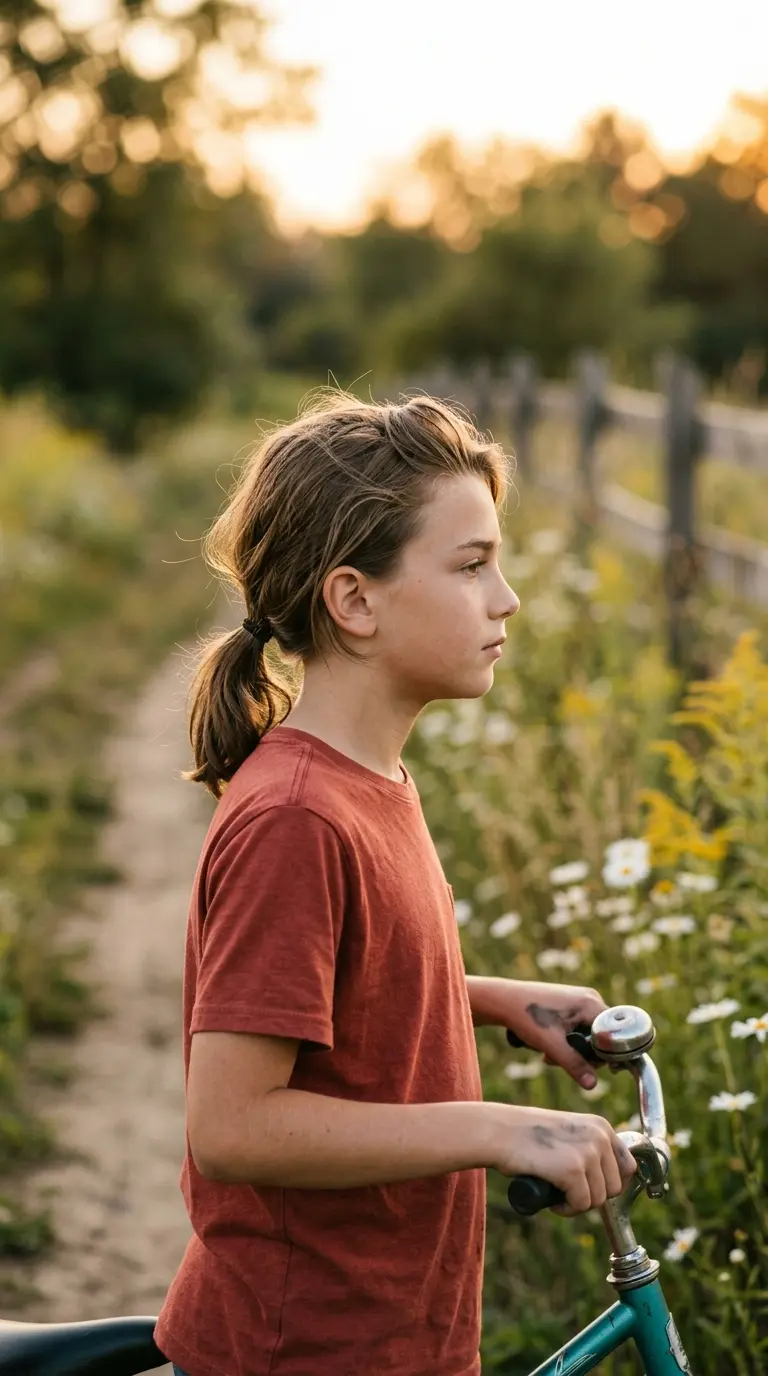 Side profile of a boy with a relaxed low ponytail beside his bike