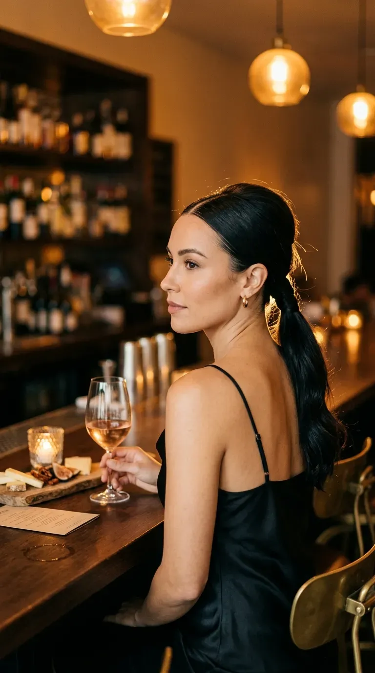 Three quarter view of a low ponytail with a small pouf at a wine bar