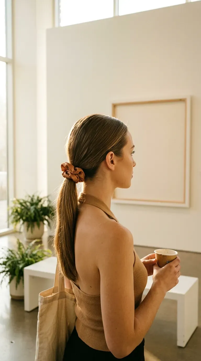 Side view of a sleek low ponytail wrapped with a satin scrunchie
