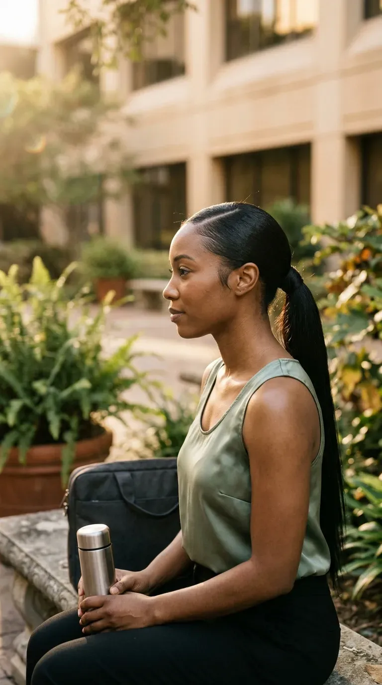 Side profile of a low ponytail with a wrapped base in an office courtyard