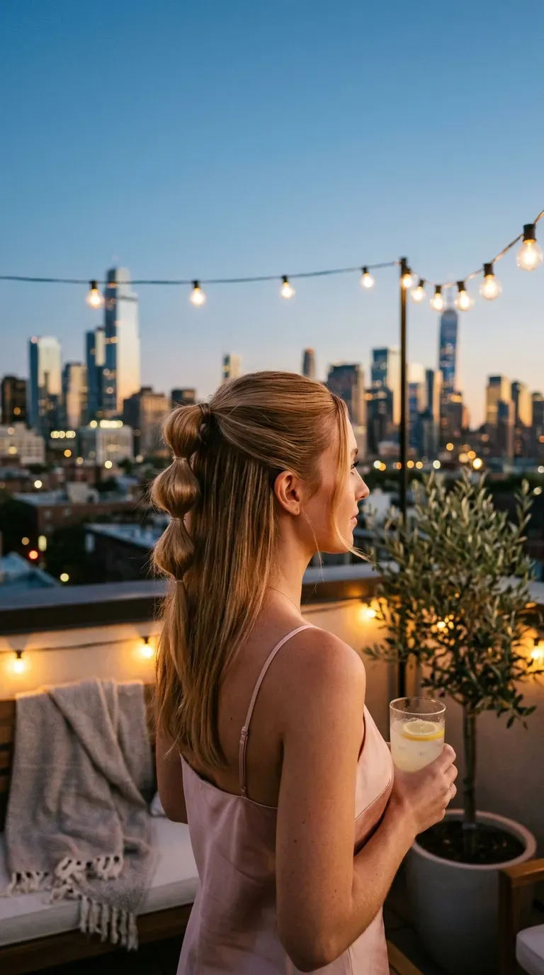 Over the shoulder view of a low ponytail wrapped with its own hair