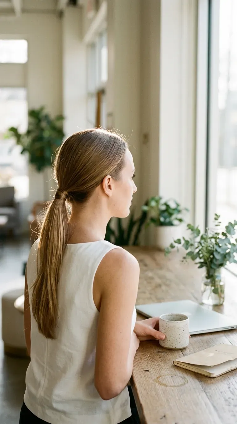 Side profile of a low ponytail with a wrapped strand at a desk
