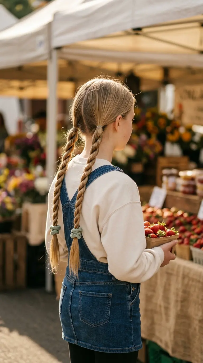 Back view of two long rope twists tied low at each side with small scrunchies