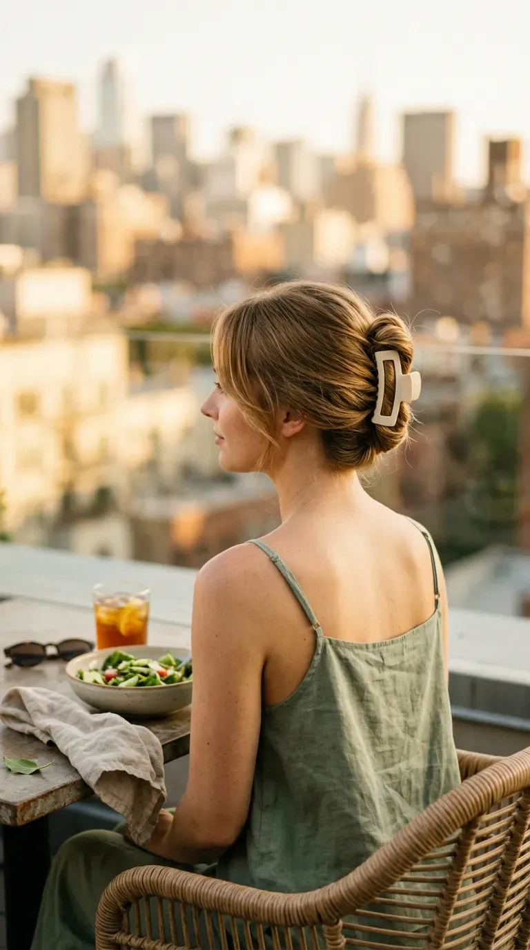 Side profile of a dark brown low side braid in a bookstore aisle