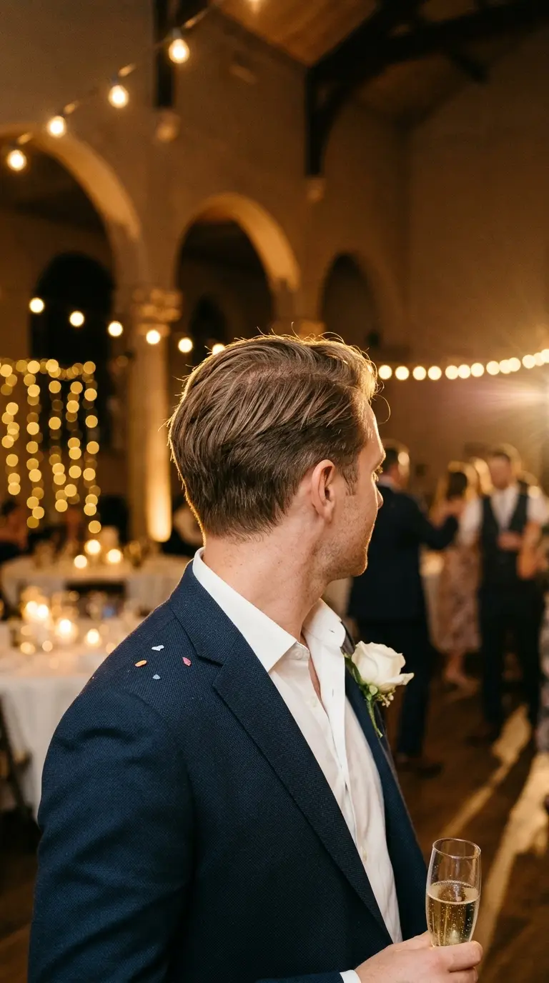 Three quarter back view of a low side part on a man at a wedding