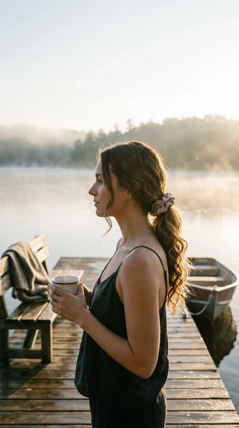 Side profile of a low side ponytail with soft curls and a satin scrunchie
