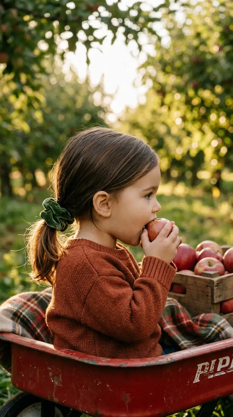 Side profile of a toddler with a low side ponytail sitting in a red wagon