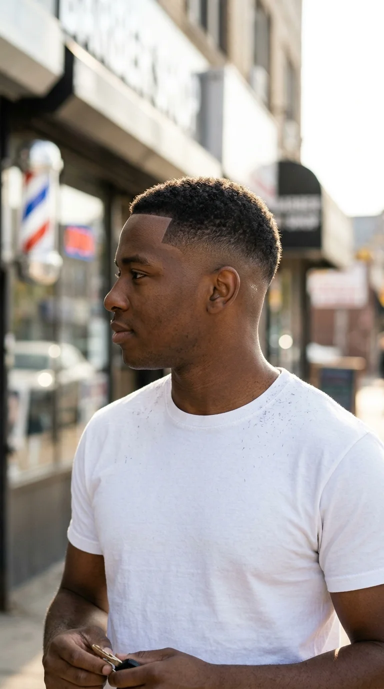 Side profile of a Black man with a low skin fade and a sharp line up