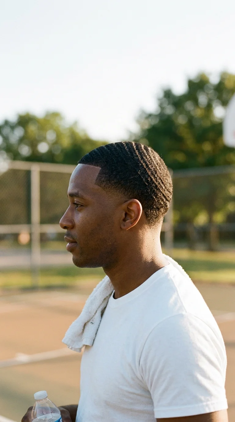 Side profile of a low taper fade with 360 waves, wavy front and tapered back both visible
