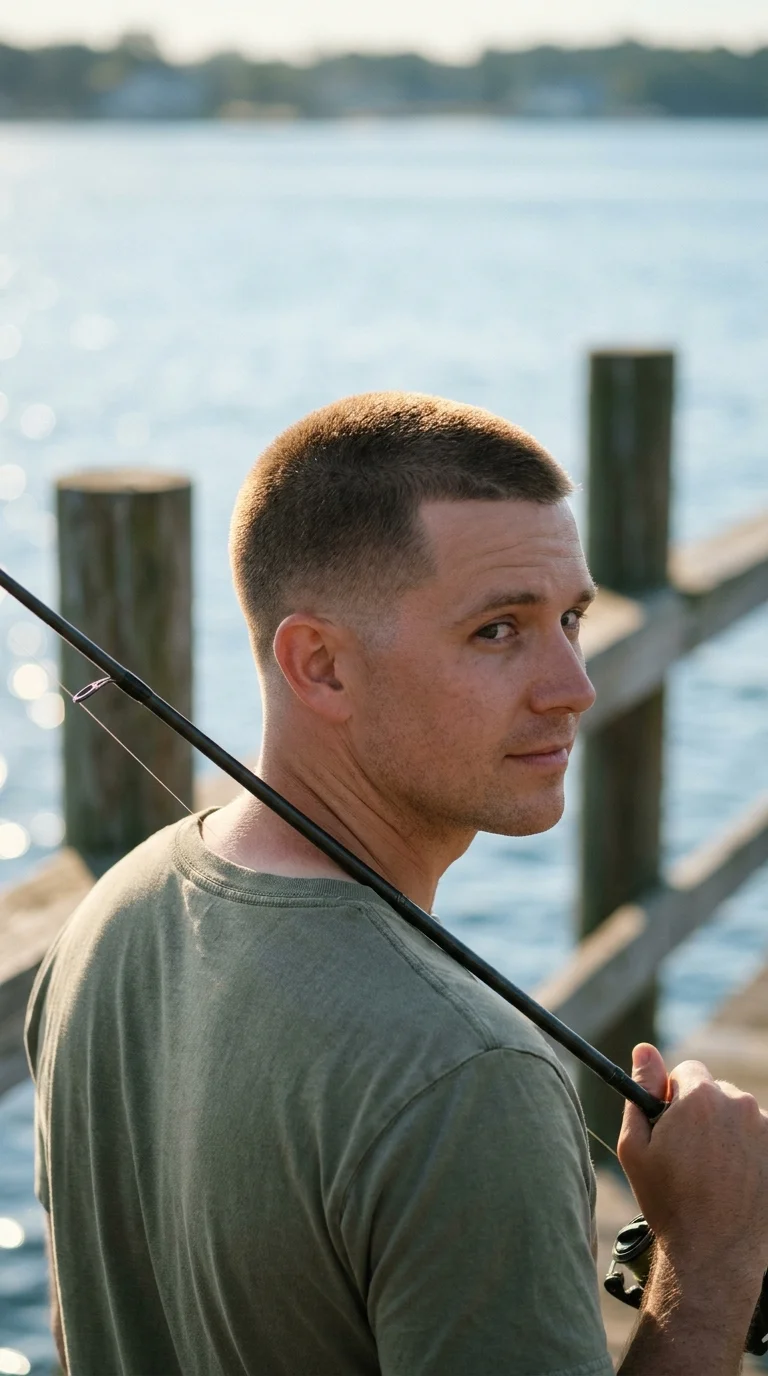 Three quarter back view of a buzz cut with a low taper, even front hairline and tapered neckline both visible