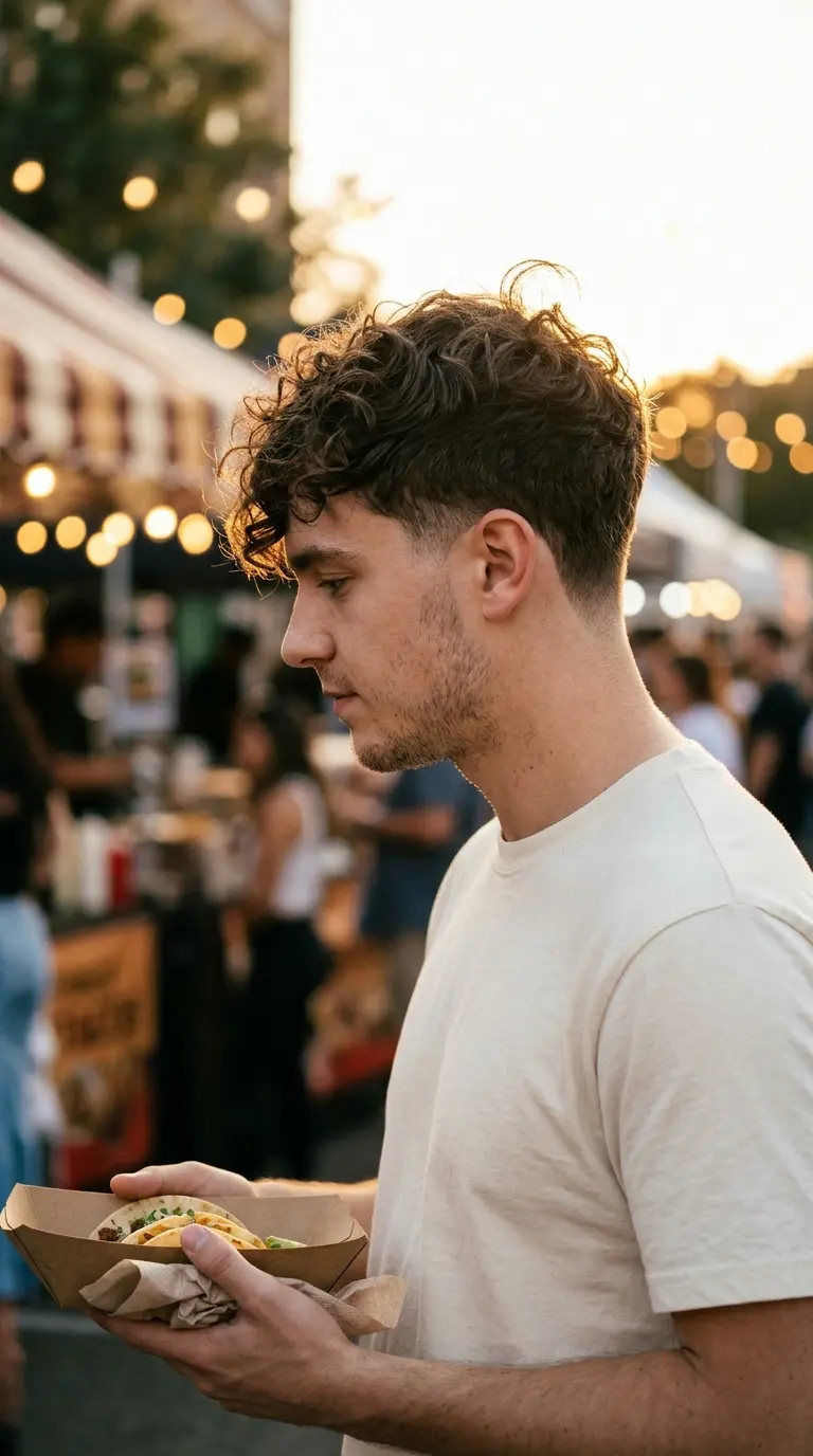 Side profile of a man with a low taper fade and a loose curly top
