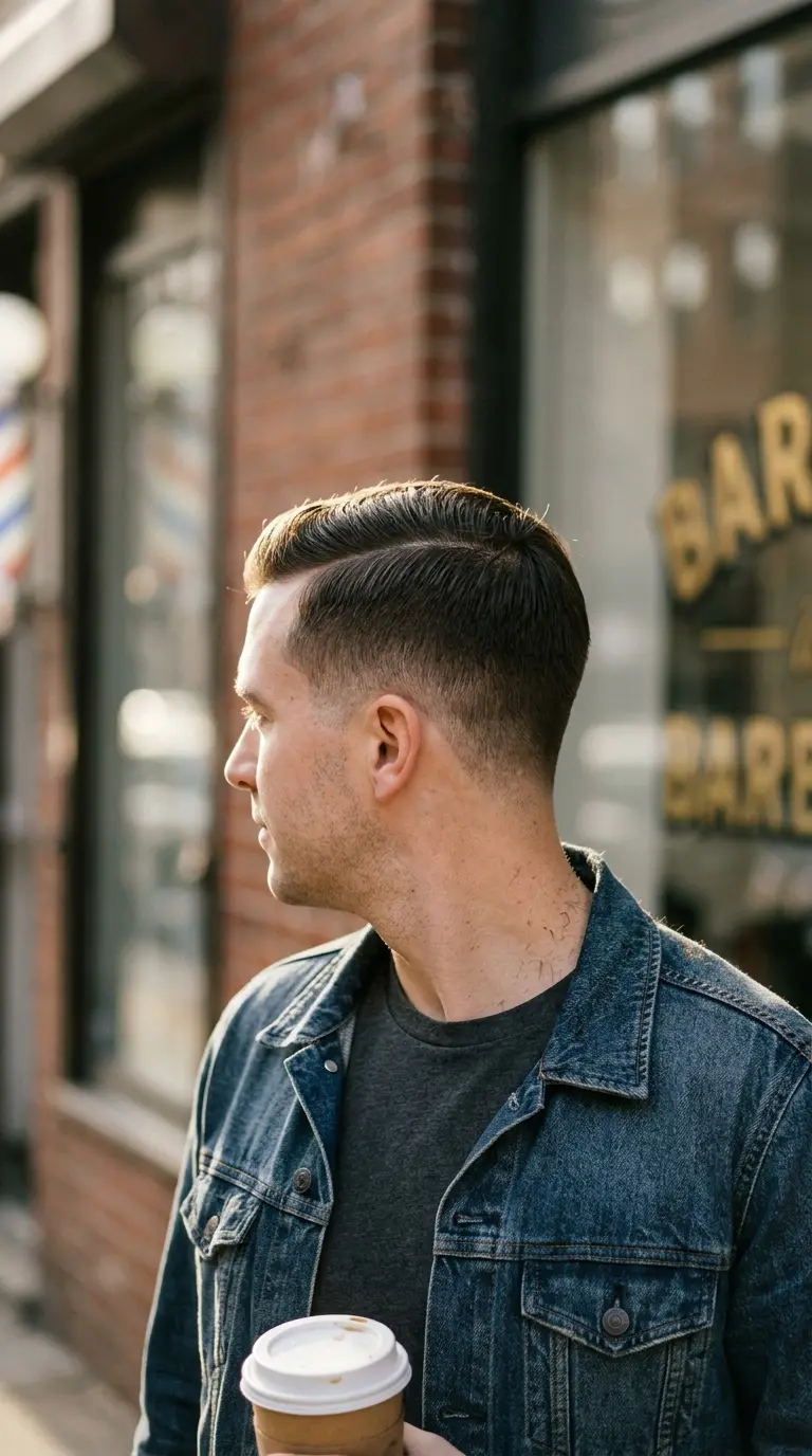 Three quarter view of a low taper fade with a shaved hard part, parted front and tapered back both visible