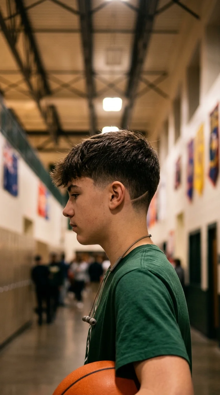 Side profile of a low taper fade with a shaved line design, front top and tapered back with design both visible