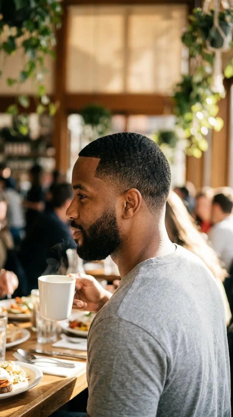 Three quarter back view of a low taper fade with a line up and beard blend, front hairline and tapered back both visible
