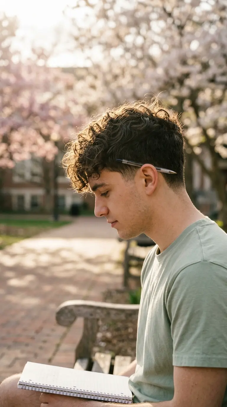 Side profile of a low taper fade with loose curls on top, curly front and tapered nape both visible