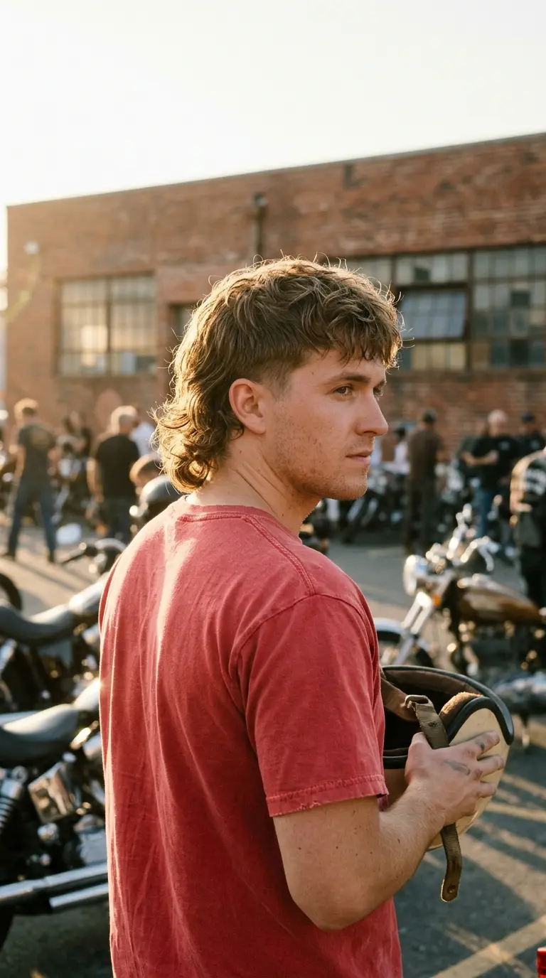 Three quarter back view of a modern mullet with a low taper, textured front and longer back both visible