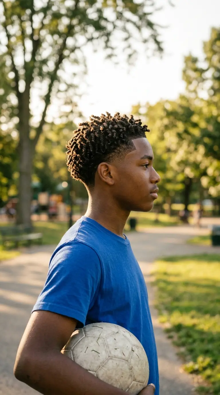 Three quarter view of a low taper fade with sponge twists, coily front and tapered back both visible