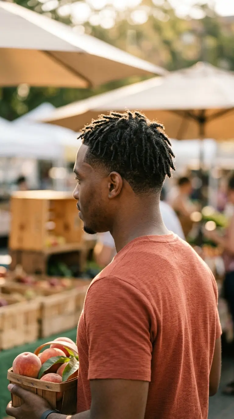 Three quarter back view of a low taper fade with starter locs, front line up and tapered back both visible