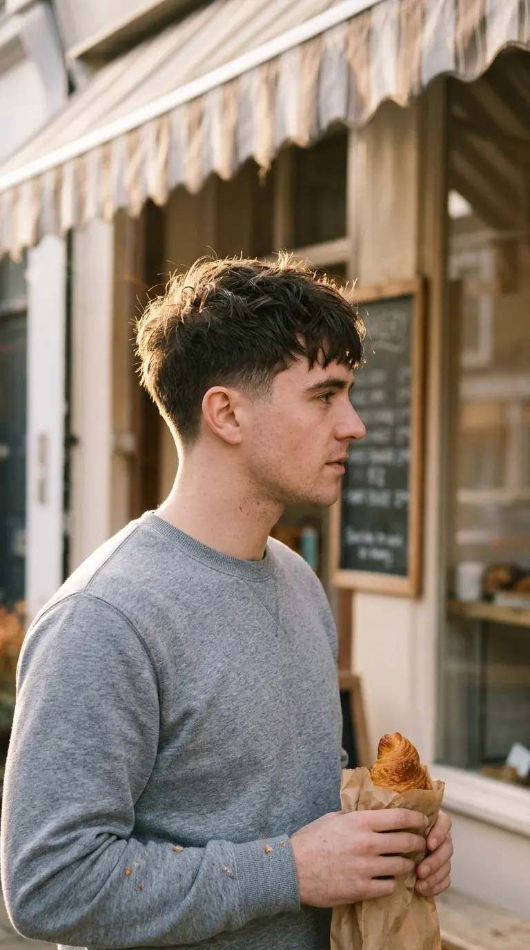 Three quarter view of a low taper fade with a textured fringe, front fringe and tapered back both visible
