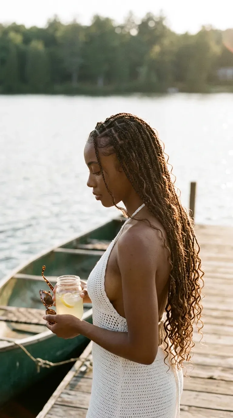 Over the shoulder view of low tension boho knotless braids at a bedroom vanity