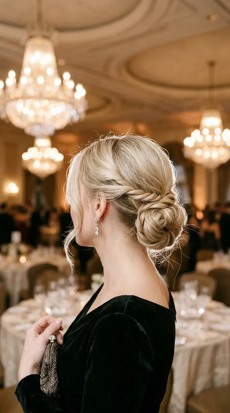 Back view of a low twisted chignon at the nape with soft loosened sides on long thin blonde hair