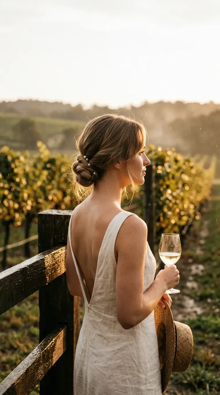 Side profile of a low twisted chignon with pearl pins at a vineyard