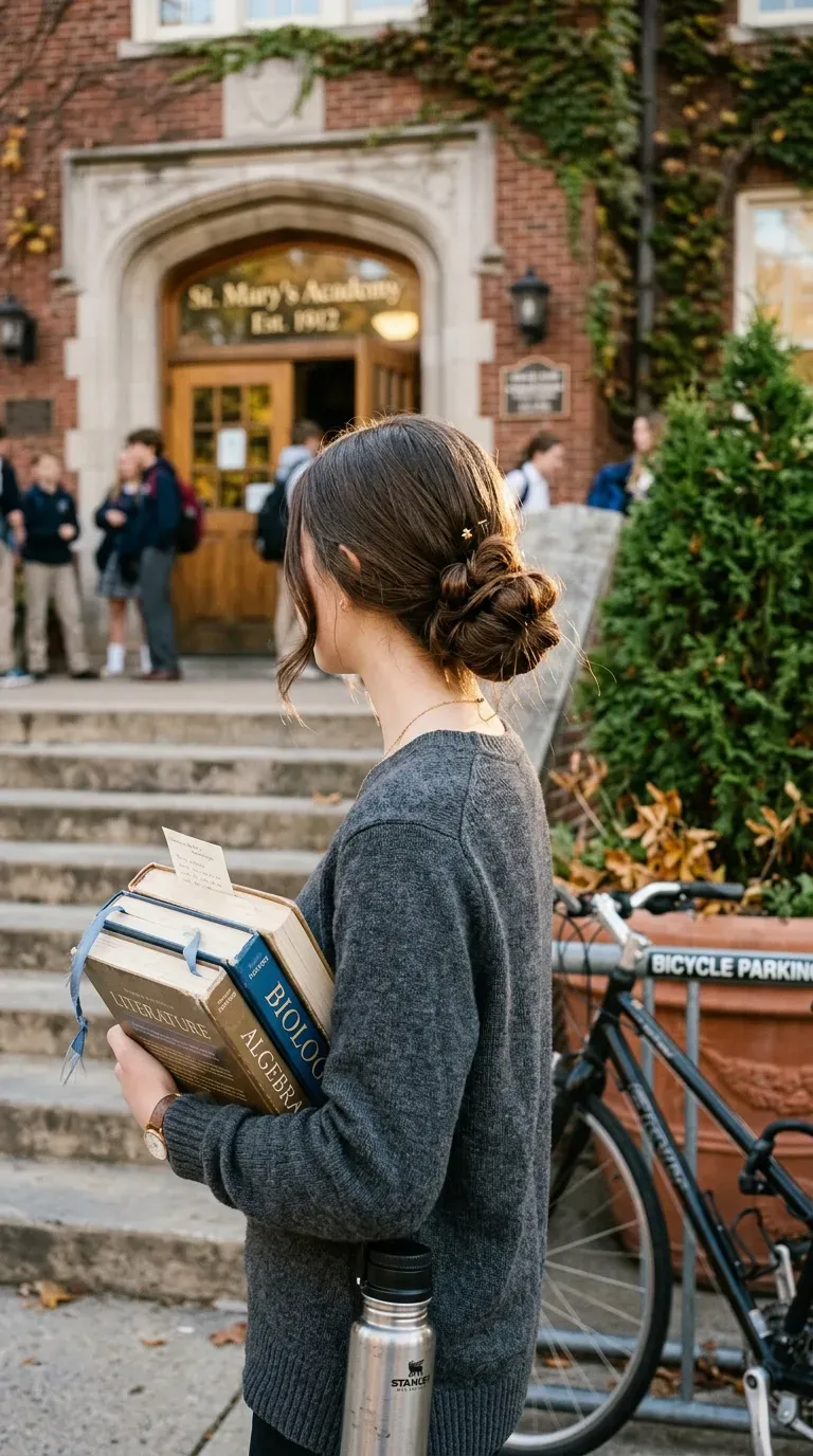 Teen girl with a low twisted side bun outside the school entrance