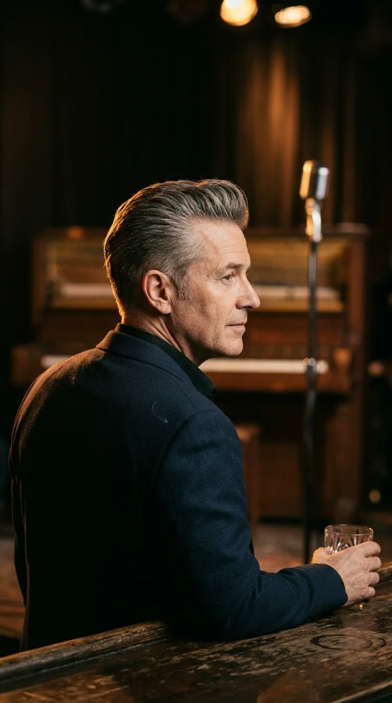 Over the shoulder view of a low volume grey pompadour in a jazz bar