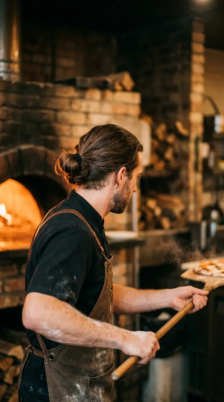 Three quarter back view of a male chef with long hair tied in a tight low knot