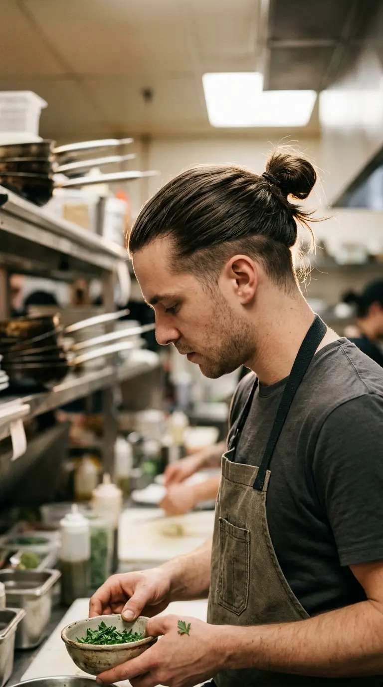 Side profile of a man with a high man bun and a short shaved undercut