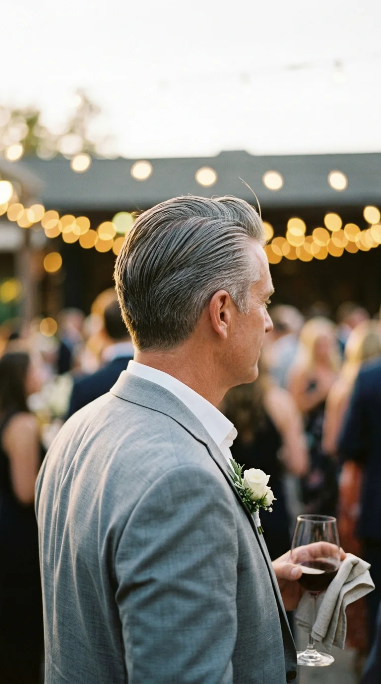 Three quarter back view of matte slicked back grey hair at a wedding reception