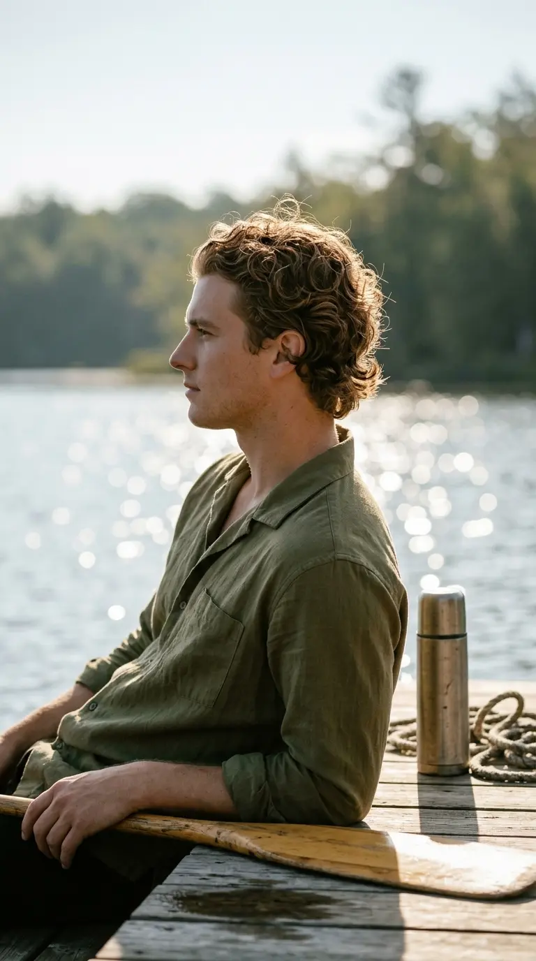 Side profile view of a man with medium curly hair swept back on a dock