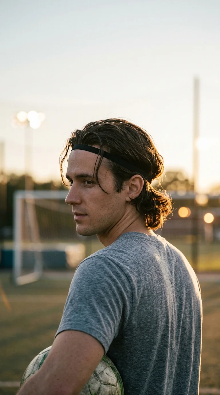 Three quarter back view of a man with medium length hair held back by a thin black headband