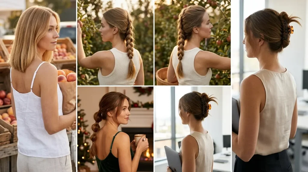 Four photo collage of medium hairstyles for fine hair shown from front and back angles