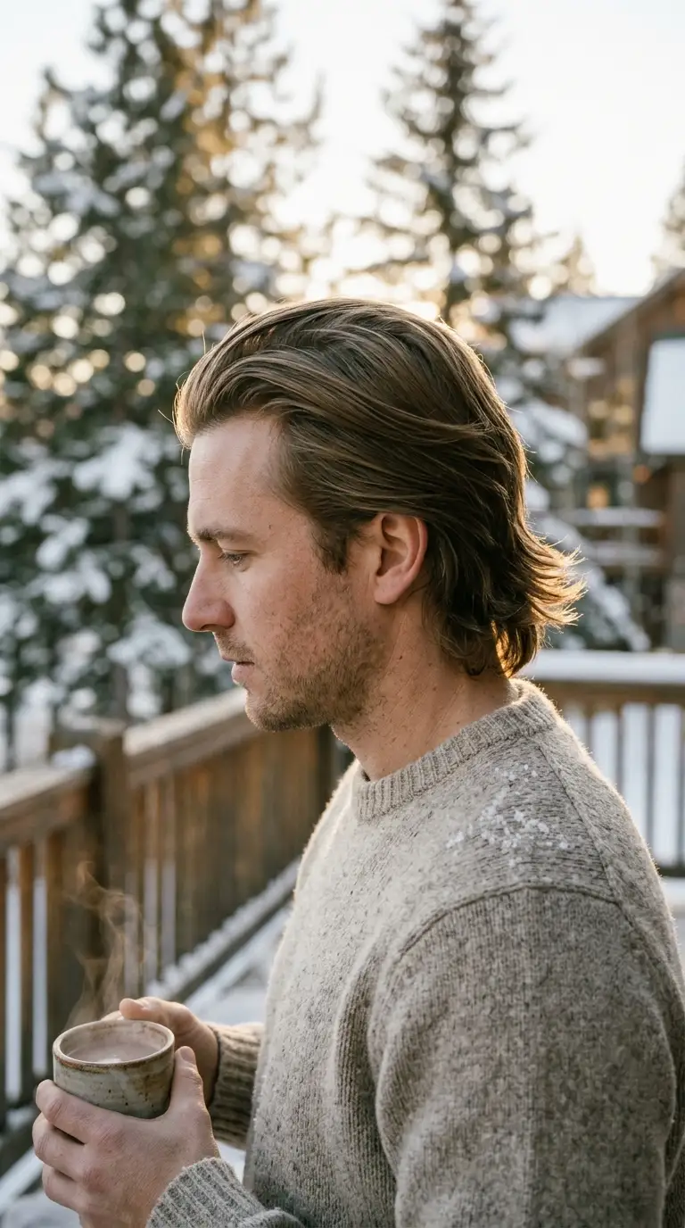 Side profile of a man with medium length hair pushed back in a loose flow